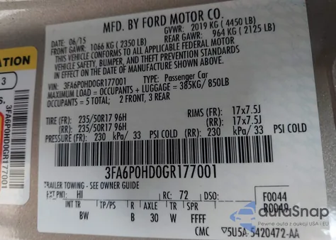 2016 Ford Fusion Se z USA, uszkodzony, nr VIN 3FA6P0HD0GR177001